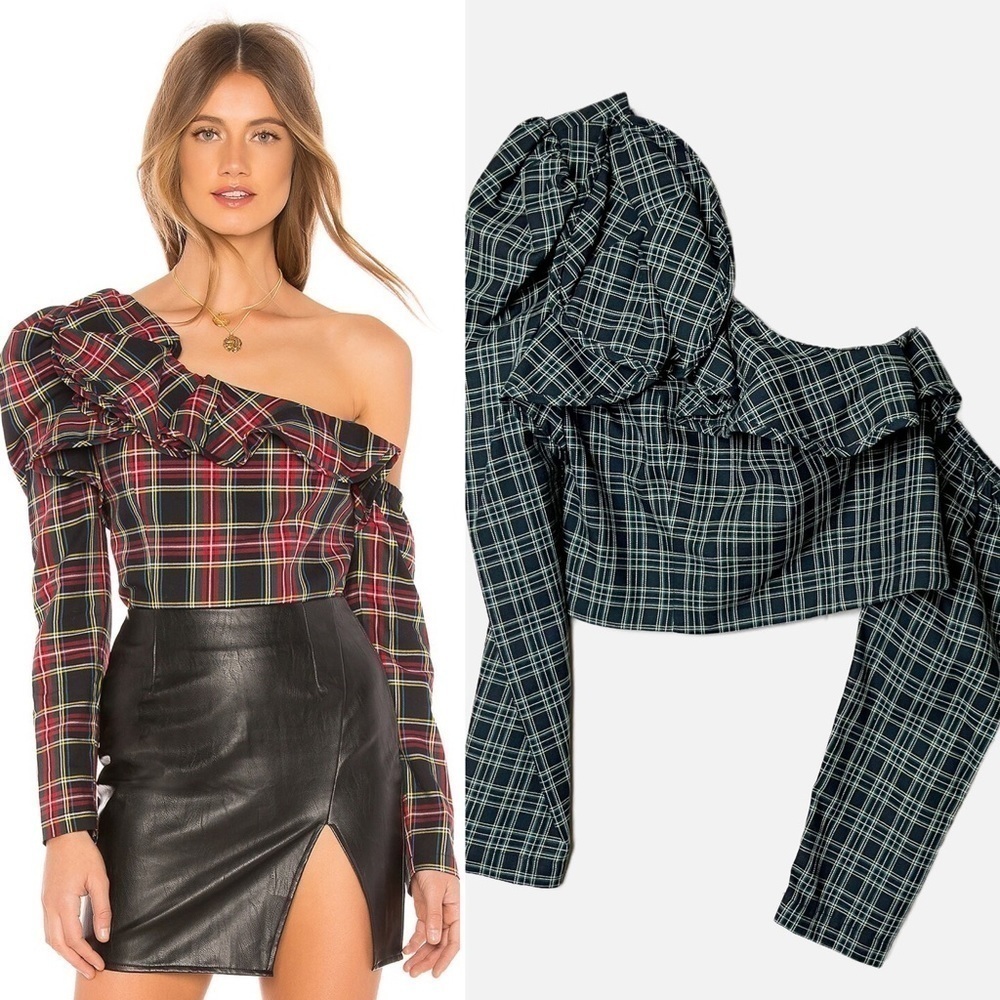 Petersyn NWT Holly‎ Top Dorset green plaid puffed sleeve one shoulder festive